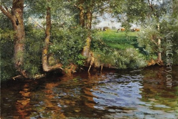 Baumbestandenes Flussufer Oil Painting - Paul Wilhelm Keller-Reutlingen