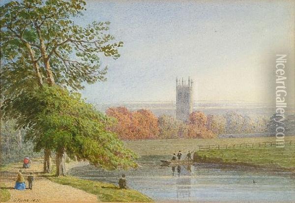 Magdalen Tower From Christchurch Meadow, Oxford, With Figures Out Punting And Walking Oil Painting - George Pyne