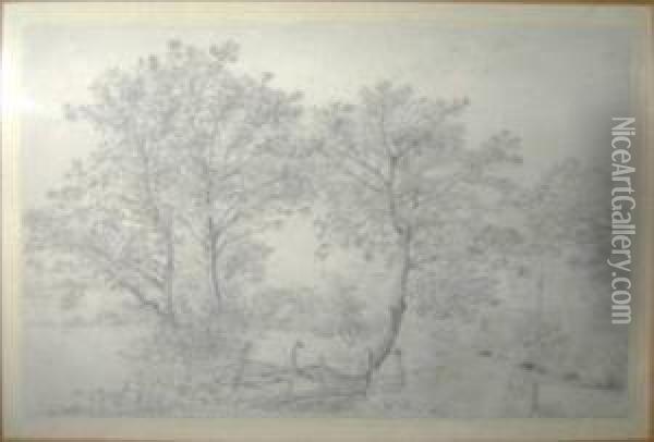 'studyof Trees And Cottage Beyond', Pencil, 11.5cm X 17cm, Framed Oil Painting - Henry Wyatt