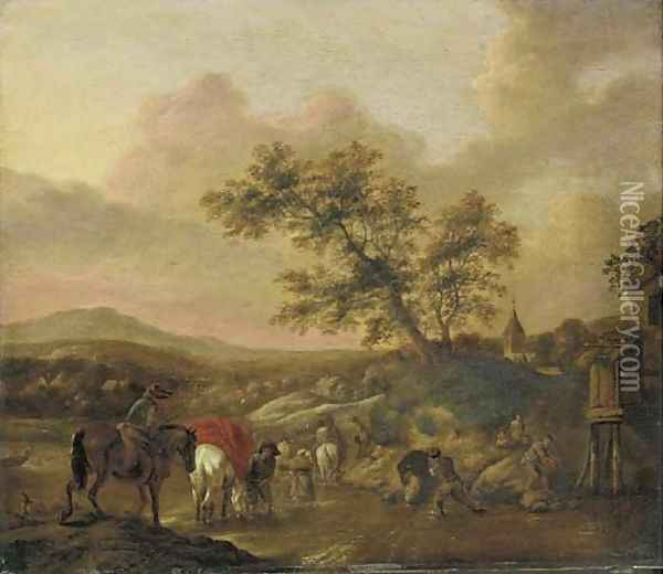An extensive landscape with travelers on horseback crossing a river Oil Painting - Phillips Wouwermans