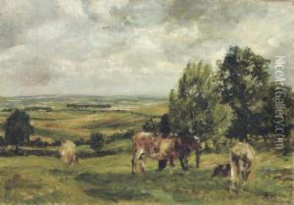 Cows Grazing Oil Painting - Nathaniel R.H.A. Hone Ii,