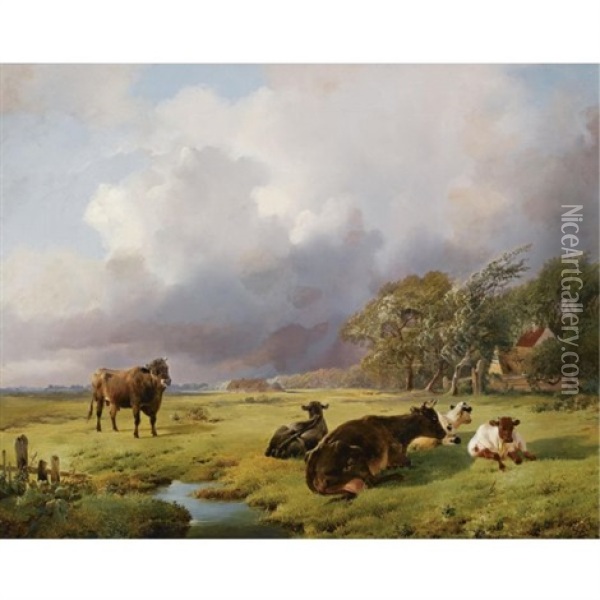 Cows In A Summer Landscape Oil Painting - Louis Robbe