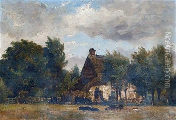Cows In A Pasture Beside A Farm Oil Painting - Charles Francois Daubigny