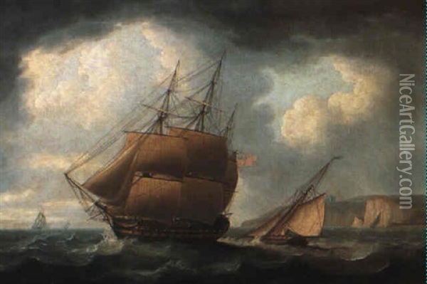 A Man Of War And Revenue Cutter Off The Coast Oil Painting - Thomas Buttersworth