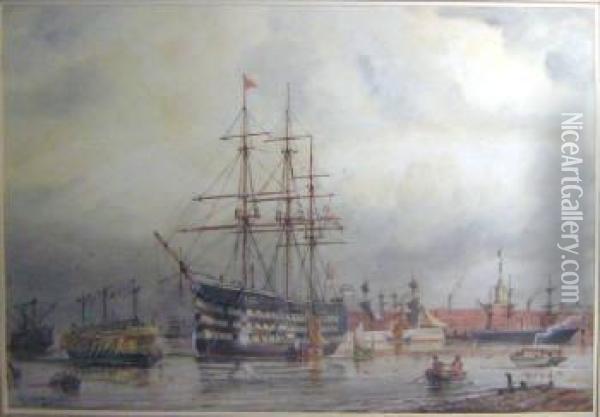 'hms Victory In Portsmouth Harbour', Watercolour, Signed, 53.5cm X66.5cm, Framed Oil Painting - William Edward Atkins
