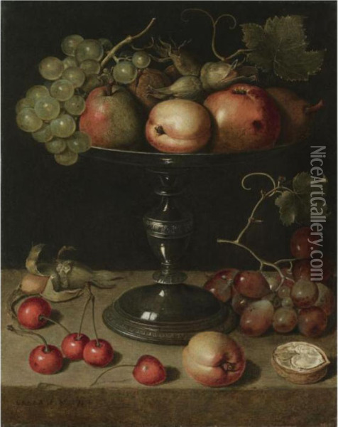 Still Life With Pears, An Apple,
 An Apricot, Almonds And Walnuts On A Tazza With Grapes, A Walnut, An 
Apricot, Cherries And Almonds On A Stone Ledge Oil Painting - Clara Peeters