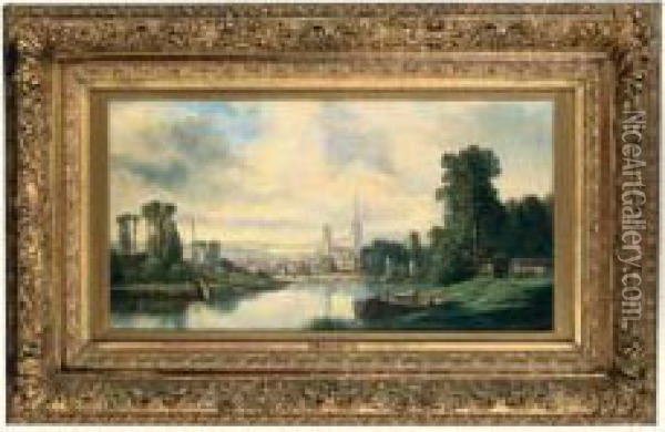 Ville Et Sa Cathedrale Au Tournant D'un Fleuve Oil Painting - Antoni Piotrowski