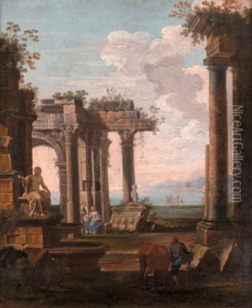A Capriccio Of Classical Ruins With Horse And Conversing Figures Oil Painting - Giovanni Paolo Panini