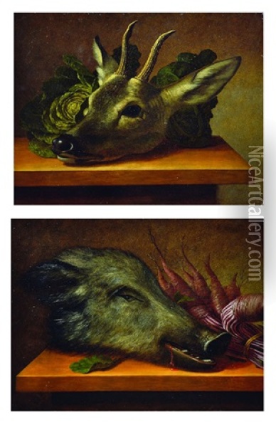 Still Life With Boar Head, Still Life With Deer Head (2 Works) Oil Painting - Johann Adalbert Angermayer