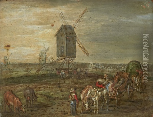 Vaderkvarnar I Hollandskt Landskap Oil Painting - Jan Brueghel the Elder