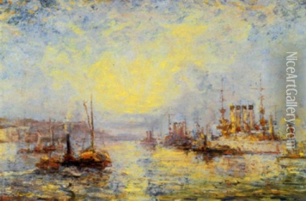 Battleships On Hudson, Prince Louis Of Battenberg Visit Oil Painting - Henry Reuterdahl