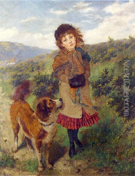 A Girl Amd Her Pet Dog Oil Painting - Edgar Bundy