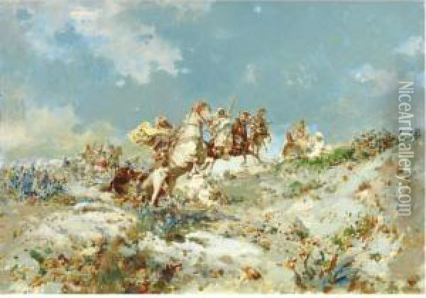 Arabs On Horseback Oil Painting - Jose Navarro