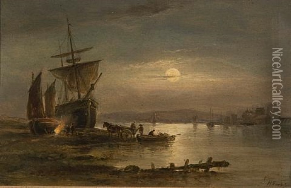 Moonlit Harbor Scene With Suspension Bridge To The Rear Oil Painting - Henry (Sr.) Earp