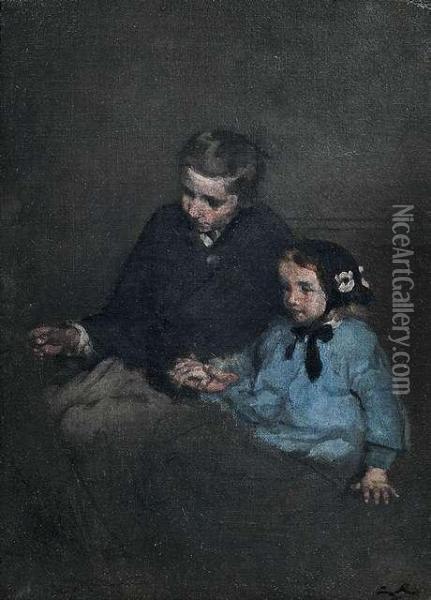 Brother And Sister. Oil Painting - Theodule Augustine Ribot
