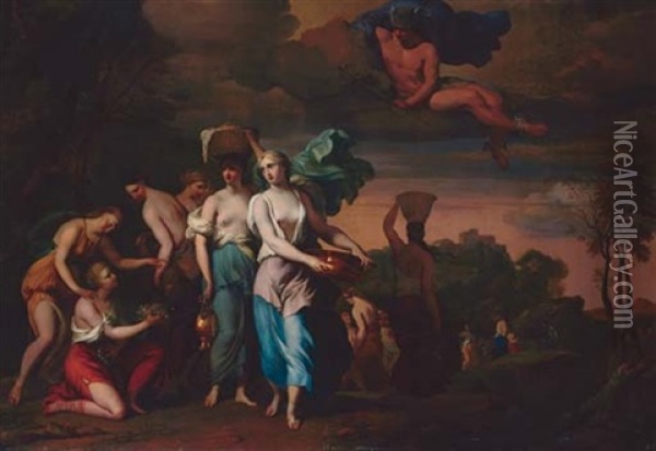 Mercury Watching Pandrosus, Herse And Aglauros Oil Painting - Barend Graat