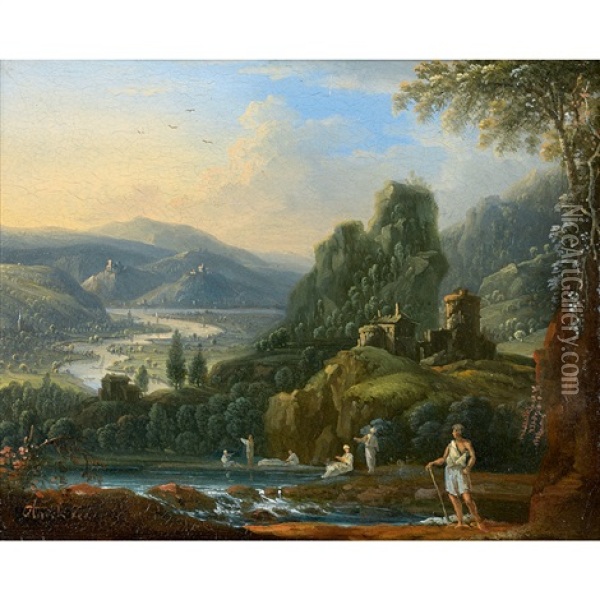 Vue Du Rhin Avec Des Baigneurs Oil Painting - Johann Alexander Thiele