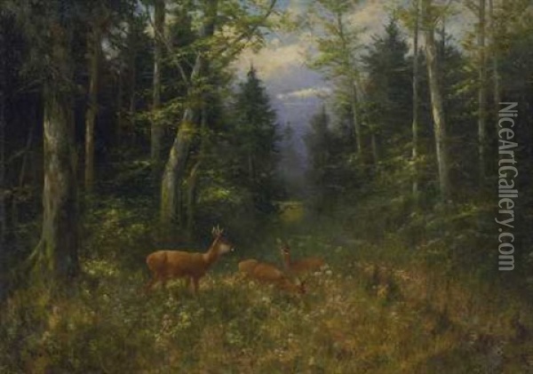 Rehe Auf Der Waldlichtung Oil Painting - Otto Scheuerer