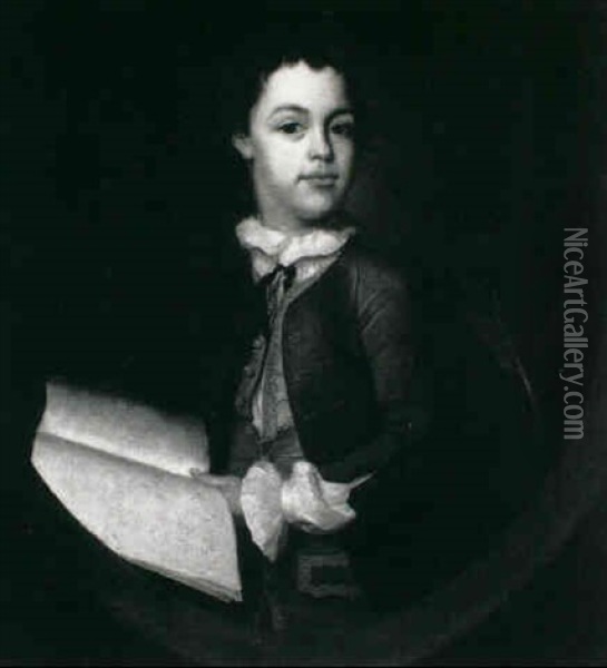 Portrait Of A Young Boy, Half-length, In A Blue Coat And    Red Waistcoat Holding A Book Oil Painting - Philip Mercier