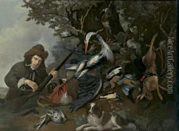 Still Life Of Game And A Hunter In A Landscape Oil Painting - Pieter the Younger Holsteyn