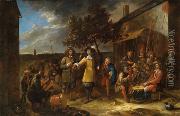 Soldiers Resting And Playing Cards In Front Of A Building Oil Painting - Gillis van Tilborgh