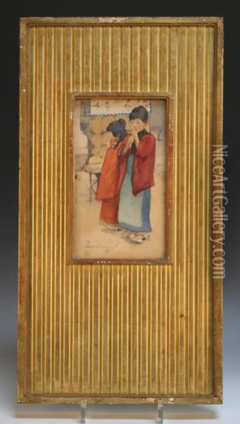 Portrait Of Two Japanese Children Oil Painting - Mortimer Luddington Mempes