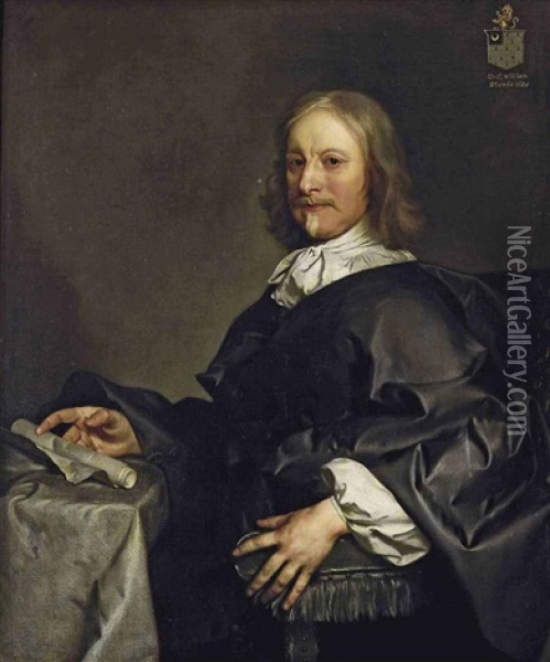 Portrait Of Colonel William Strode, Of Barrington, Near Ilminster, In A Black Mantle With A White Shirt And Neck Tie, Holding A Scroll, Seated In A Green... Oil Painting - Gerard van Soest