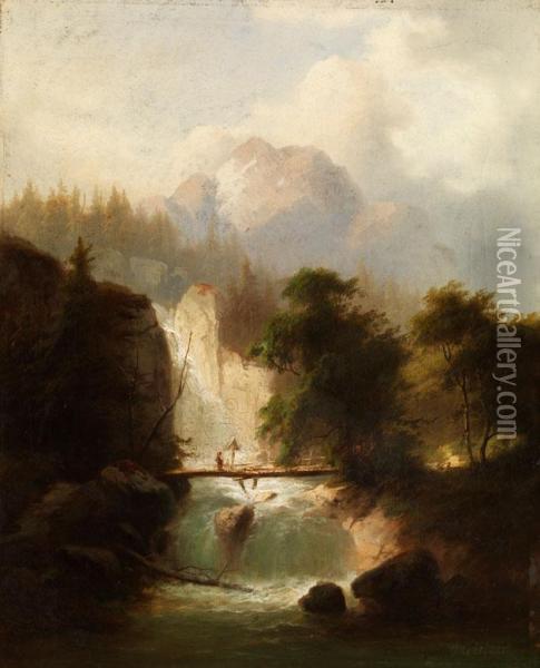 Wasserfall Mit Holzbrucke Imgebirge Oil Painting - Heinrich Gartner