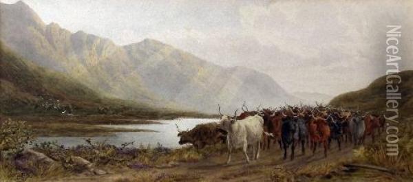 Long Horned Cattle On A Track With Loch And Mountains To Distance Oil Painting - John Carlisle