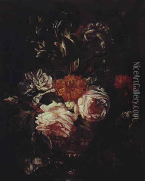 Blumenstraus Von Rosen, Lilien Und Einer Dalie In Einer Prunkvase Oil Painting - Antoine Monnoyer