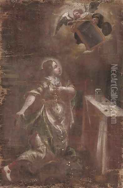 A vision of a female Saint Oil Painting - Juan De Valdes Leal