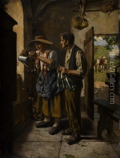 Bauerin, Eine Ollampe Fullend, Und Bauer Im Haus Mit Ausblick Auf Ochsengespann Oil Painting - Edouard (John) Menta