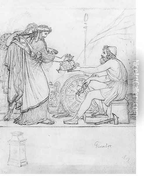 Anacreon receiving a Silver Vase from two standing Figures, with a study of a stele An Illustration to Anacreon's Ode XVII Oil Painting - Anne-Louis Girodet de Roucy-Triosson