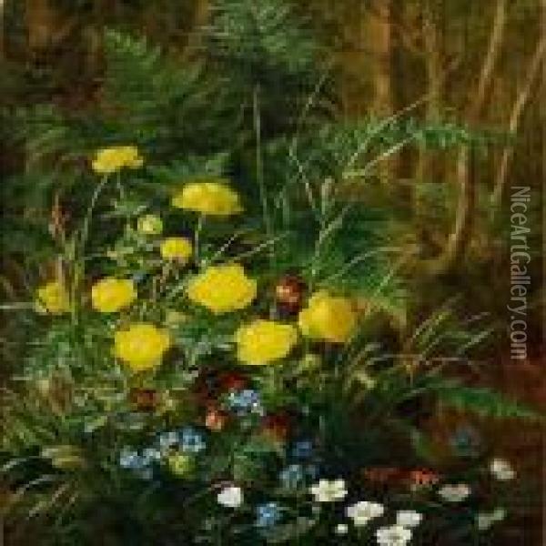 Forest Floor With Globe Flowers, Forget-me-nots And Butterflies Oil Painting - Anthonie, Anthonore Christensen