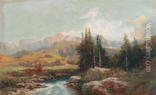 Gebirgslandschaft Mit Bach Oil Painting - Alfred Godchaux