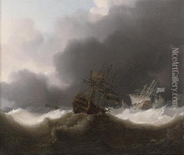 Ships Of The Red Squadron Reefed Down In A Gale Oil Painting - Charles Brooking