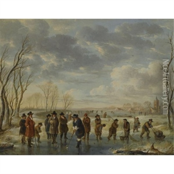 Winter Landscape With Elegant Figures Playing Kolf On A Frozen River Oil Painting - Aert van der Neer