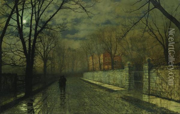 Figures In A Moonlit Lane After Rain Oil Painting - John Atkinson Grimshaw