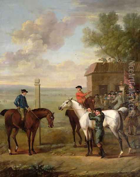 Racehorses with jockeys up by the rubbing down house on Newmarket Heath Oil Painting - John Wootton