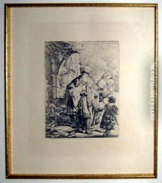 'figures At A Stairway', Engraving, 17cm X 14cm, Framed Oil Painting - Rembrandt Van Rijn