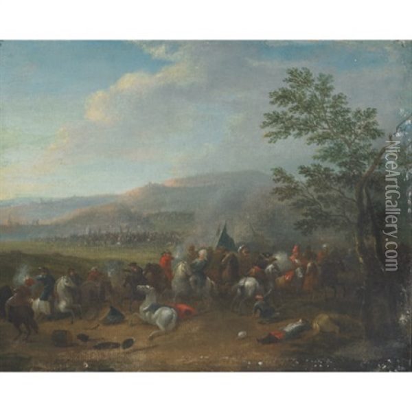 A Cavalry Skirmish In An Extensive River Landscape Oil Painting - Karel Breydel