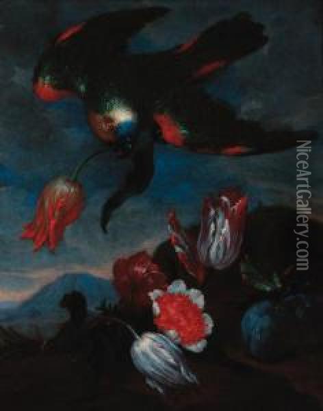 A Carnation, Tulips And Plums With A Parakeet Holding A Tulip In Alandscape Oil Painting - Bartolomeo Ligozzi