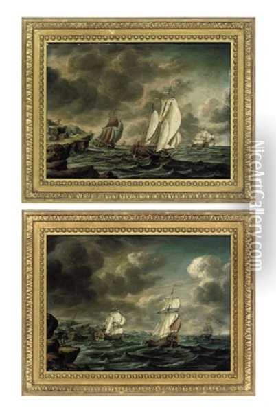 A Dutch Man-o'war And Trading Vessels Off A Rocky Headland (+ Dutch Merchant Flutes Inshore Off A Rocky Coastline; Pair) Oil Painting - Pieter Lofvers