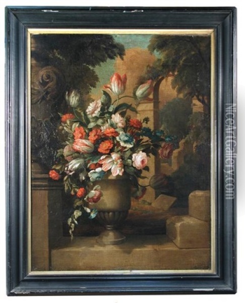 Still Life Of Pink And Red Tulips, Roses And Ranunculus In An Urn On A Stone Wall Oil Painting - Andrea Belvedere