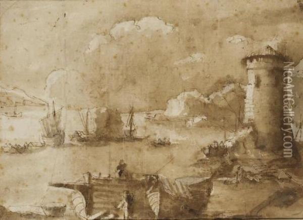 Des Voiliers Et Des Barques Avec Des Pecheurs Dans Un Port Pres D'une Tour Oil Painting - Filippo D Angeli