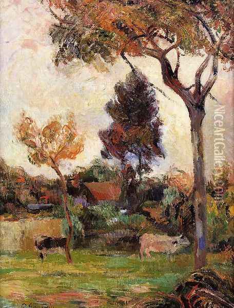Two Cows In The Meadow Oil Painting - Paul Gauguin