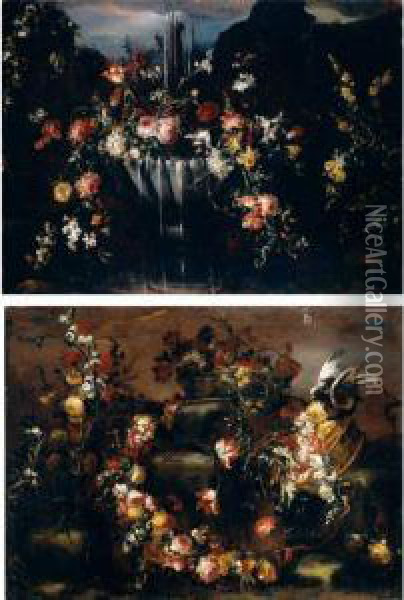 Still Life Of Various Flowers Beside A Fountain Oil Painting - Margherita Caffi