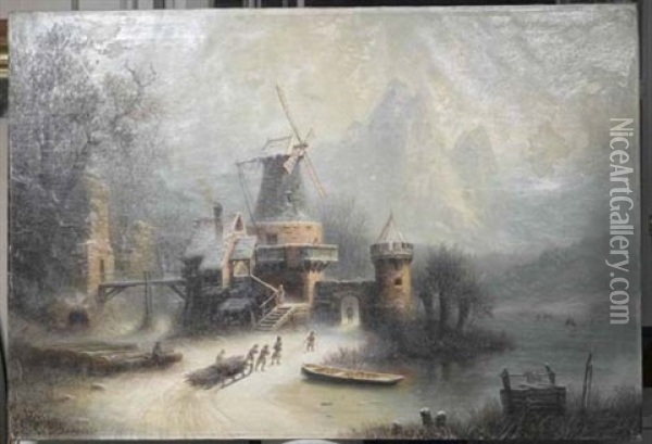 Winterlandschaft Mit Windmuhle Oil Painting - Albert Bredow