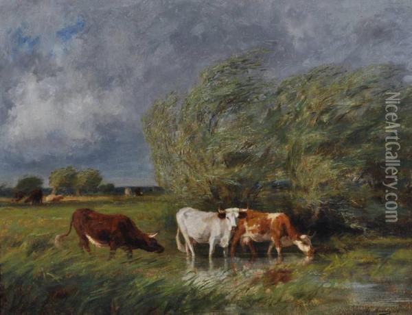 Cattle At The Edge Of A Field Oil Painting - Adolphe Charles Marais