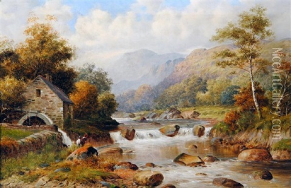 River Scene With Watermill And Fisherman In The Foreground Oil Painting - William E. Harris